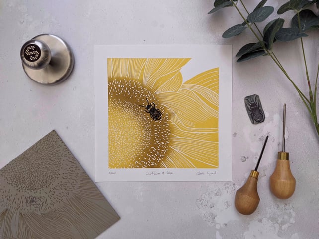 Sunflower and Bee Linocut Print