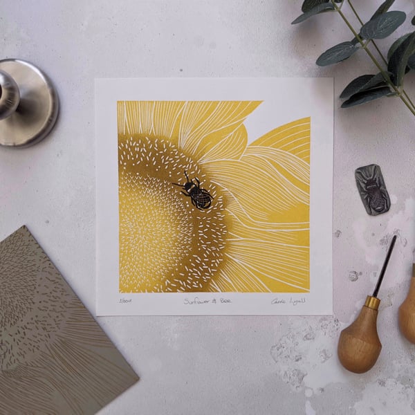 Sunflower and Bee Linocut Print