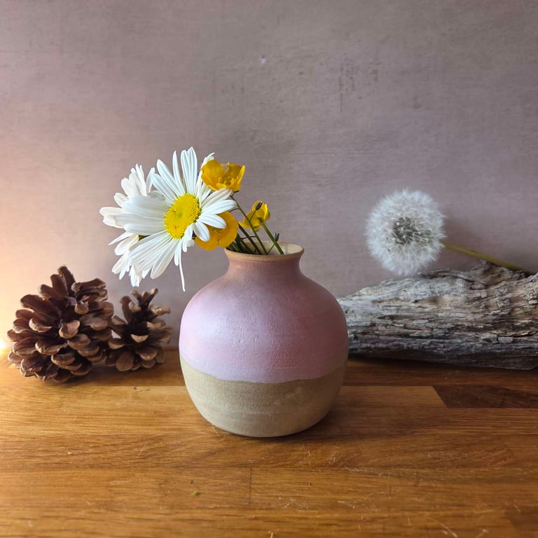 Blush pink and Beige Stoneware Pottery Flower Bud vase