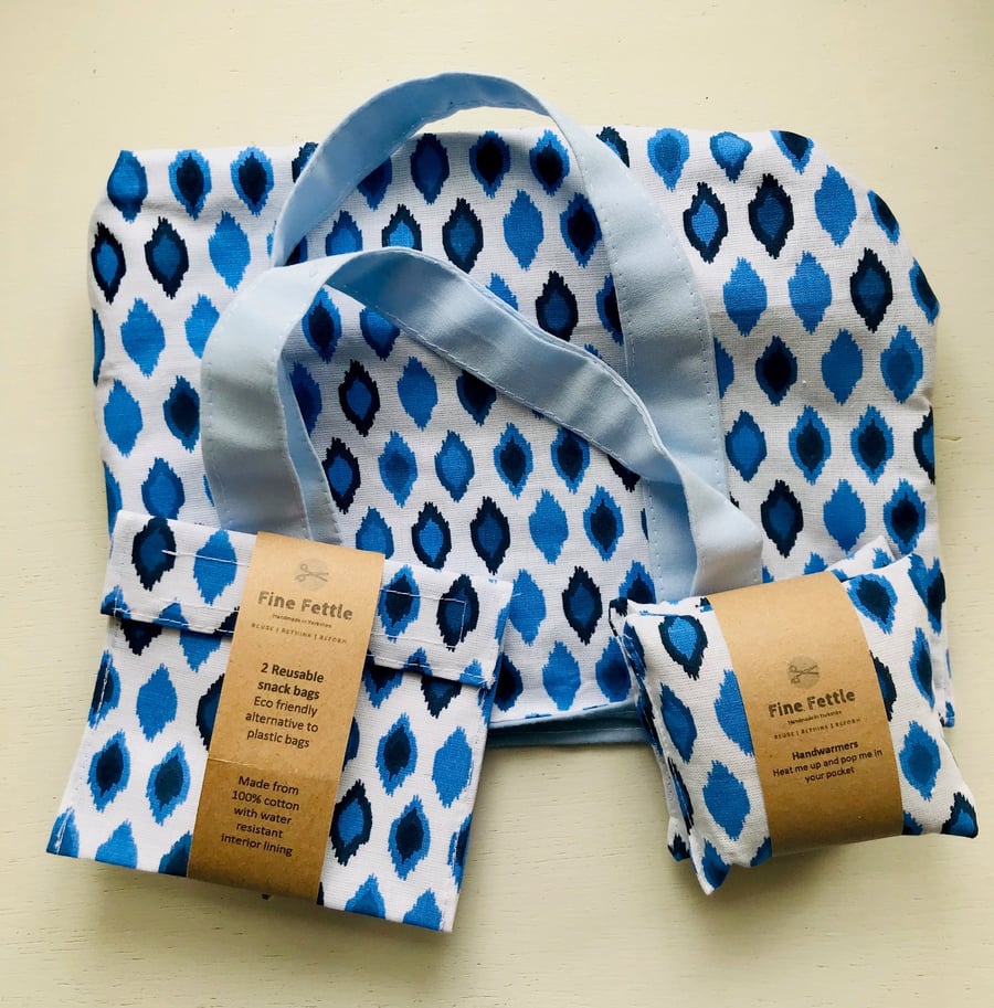 Small Bag with matching eco-friendly reusable snack bags and hand warmers