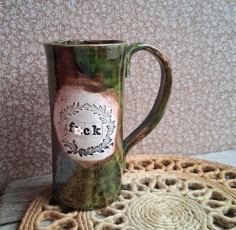 Skinny c8nt coffee mug in olive, unique stoneware ceramic mug