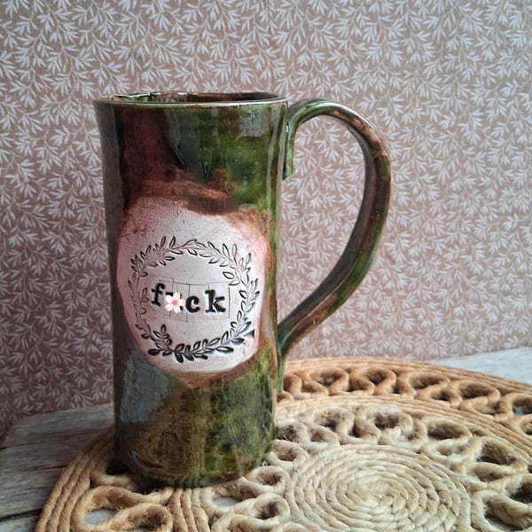 Skinny c8nt coffee mug in olive, unique stoneware ceramic mug