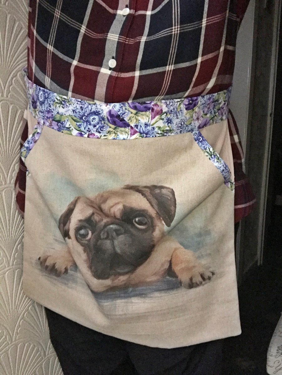 Pug Apron With Pocket, Dog Apron, Linen Half Apron