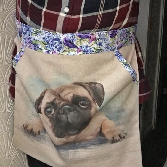 Pug Apron With Pocket, Dog Apron, Linen Half Apron