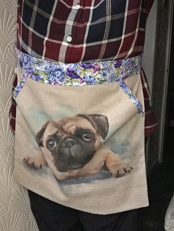 Pug Apron With Pocket, Dog Apron, Linen Half Apron