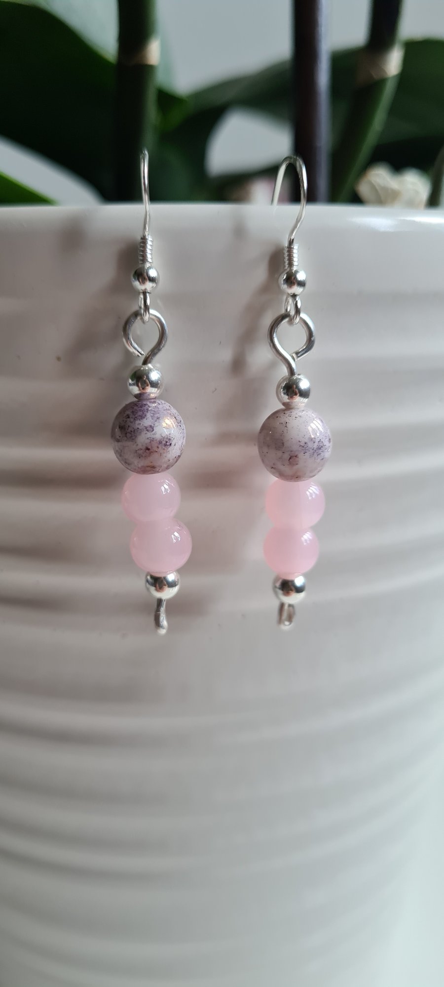 Handmade 925 Silver & Pink Glass Beaded Dangle Earrings Gift Boxed Jewellery 