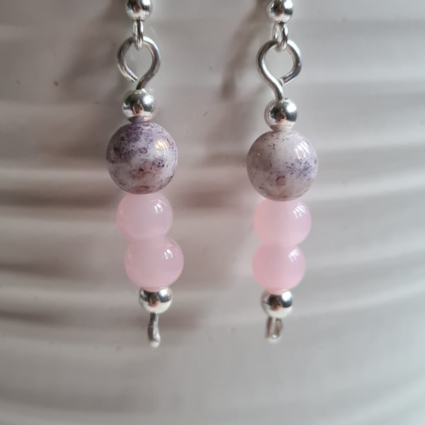 Handmade 925 Silver & Pink Glass Beaded Dangle Earrings Gift Boxed Jewellery 