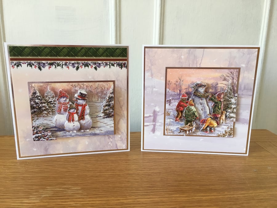 Set of 2 x 3D Snowman Christmas Cards - Handmade - 5 x 5 inches