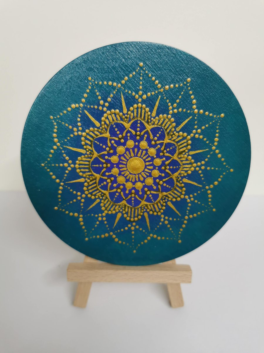 Hand painted turquoise and gold mandala coaster