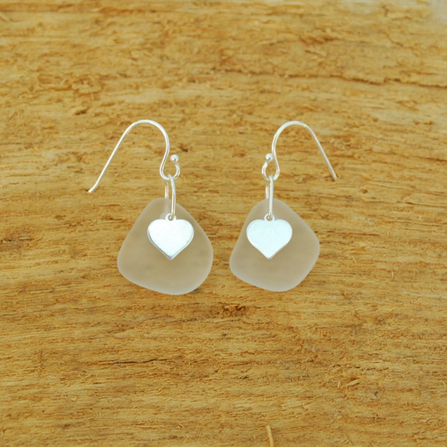 Beach glass earrings with tiny hearts
