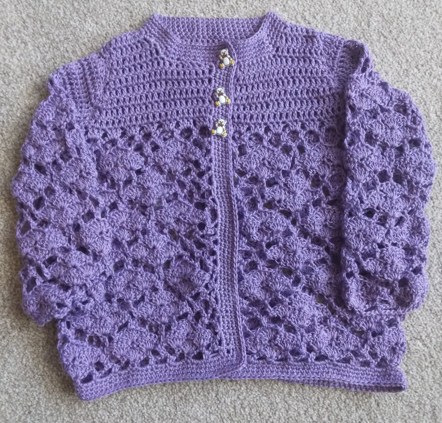 Crochet Matinee Jacket or Cardigan in lilac cotton 6 - 12 months