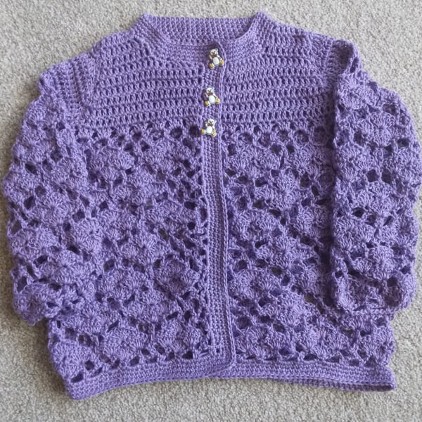 Crochet Matinee Jacket or Cardigan in lilac cotton 6 - 12 months