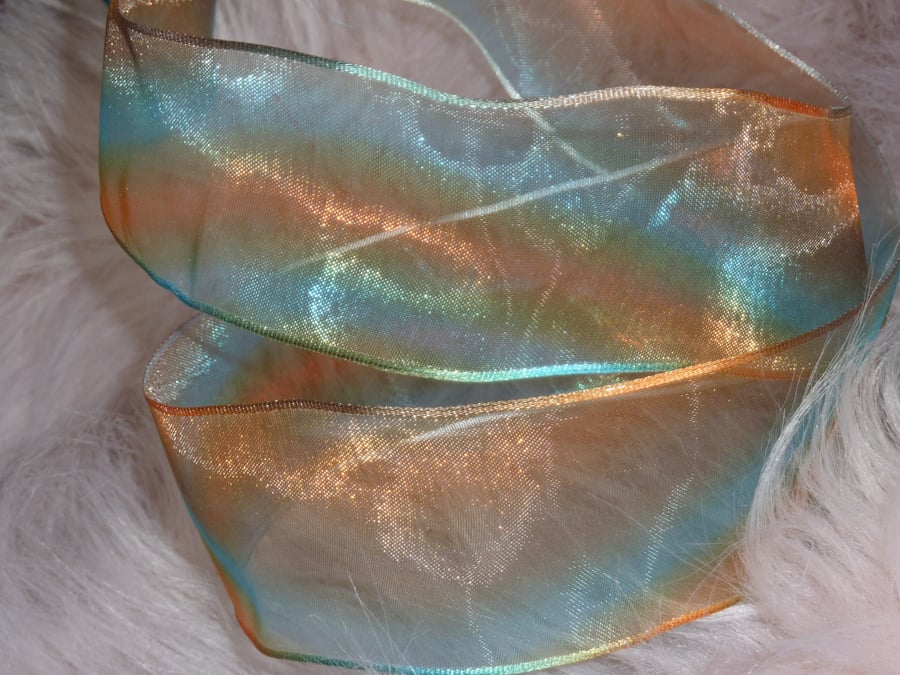 1 Metre Wire Edged Ribbon Xmas 38mm Turquoise & Burnt Orange Sheer 