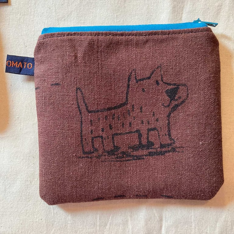 small brown linen purse with dog motif by Jo Brown HappyTomato