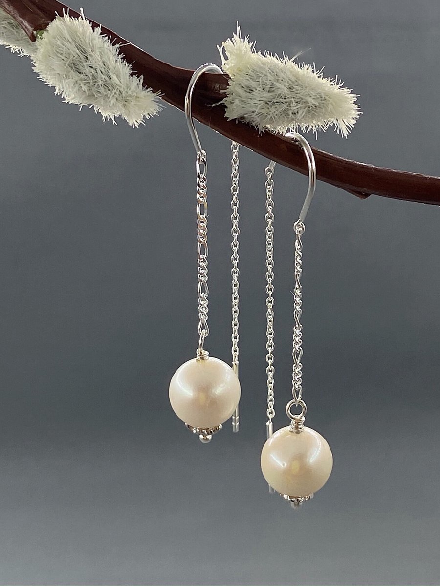 High Lustre Ivory Round Pearl Drop Sterling Silver Ear Threader Earrings