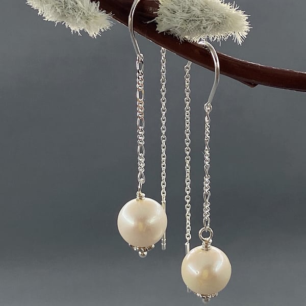 High Lustre Ivory Round Pearl Drop Sterling Silver Ear Threader Earrings