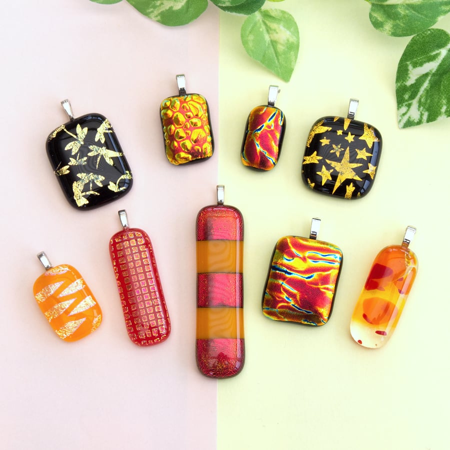Colourful Red and Orange Sparkly Dichroic Fused Glass Pendants Mother's Day Gift