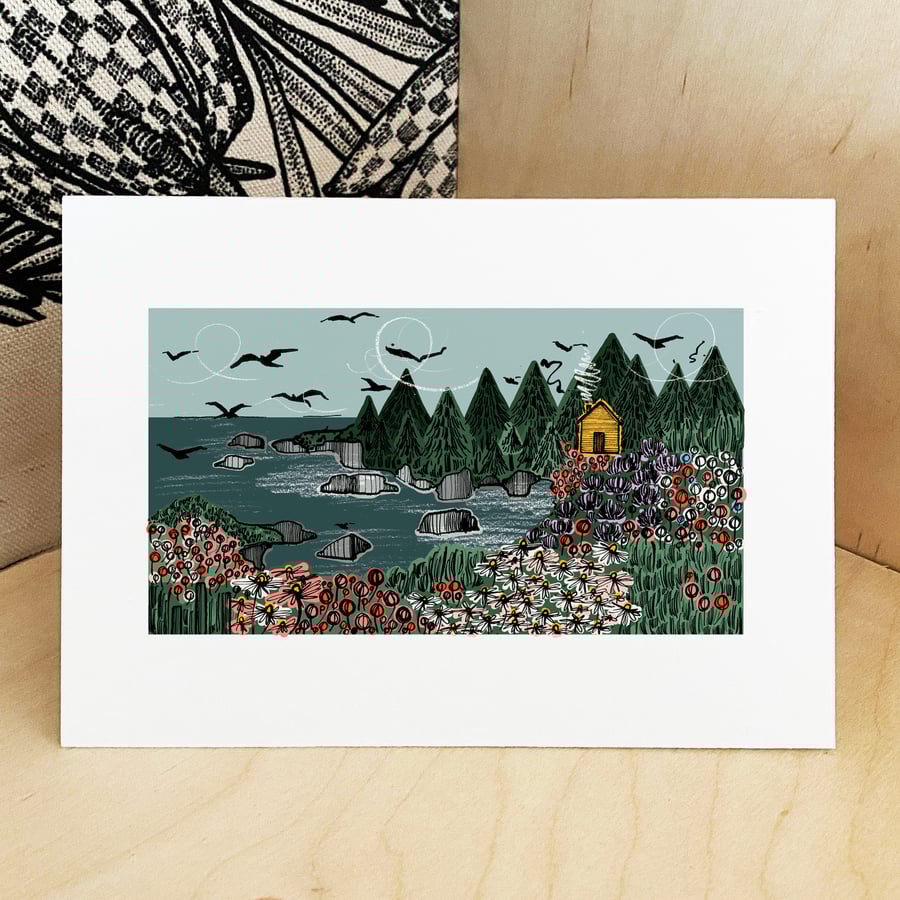 Little Yellow Cabin - Coastal Meadow Art Print, A3 