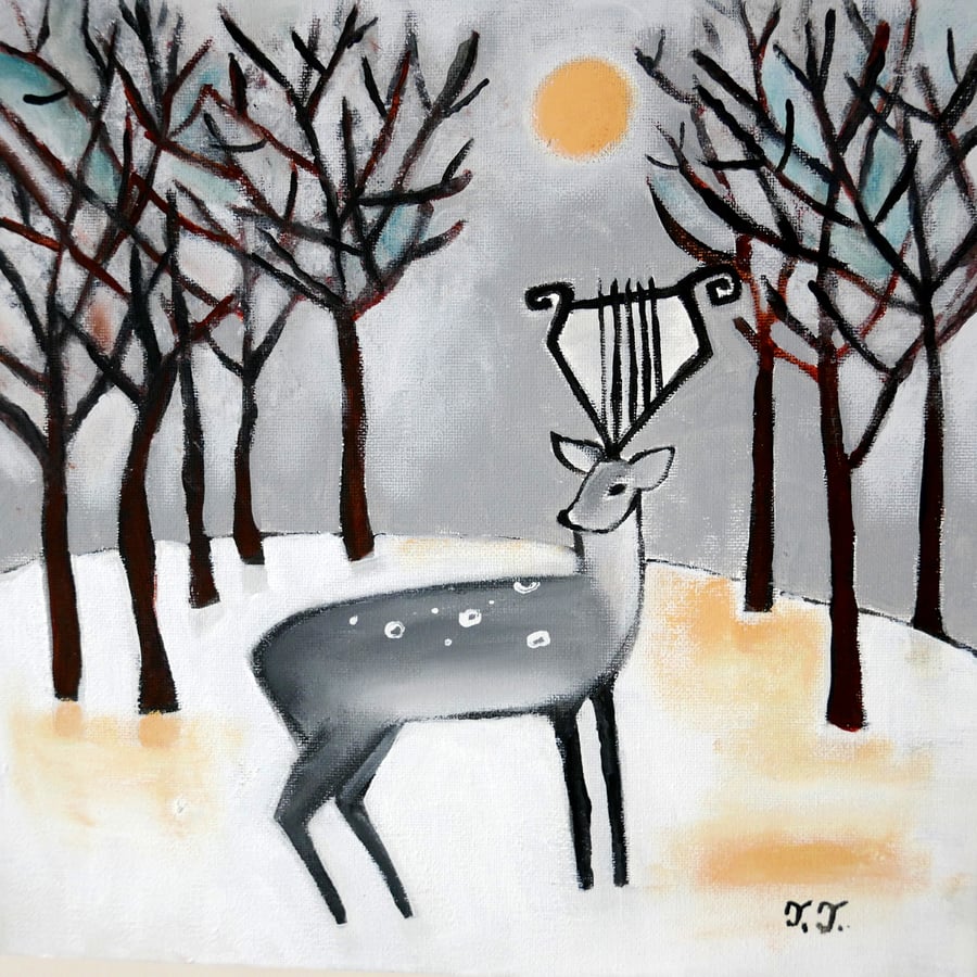 Winter Landscape, Deer Painting, Whimsical Artwork, Original Animal Art 