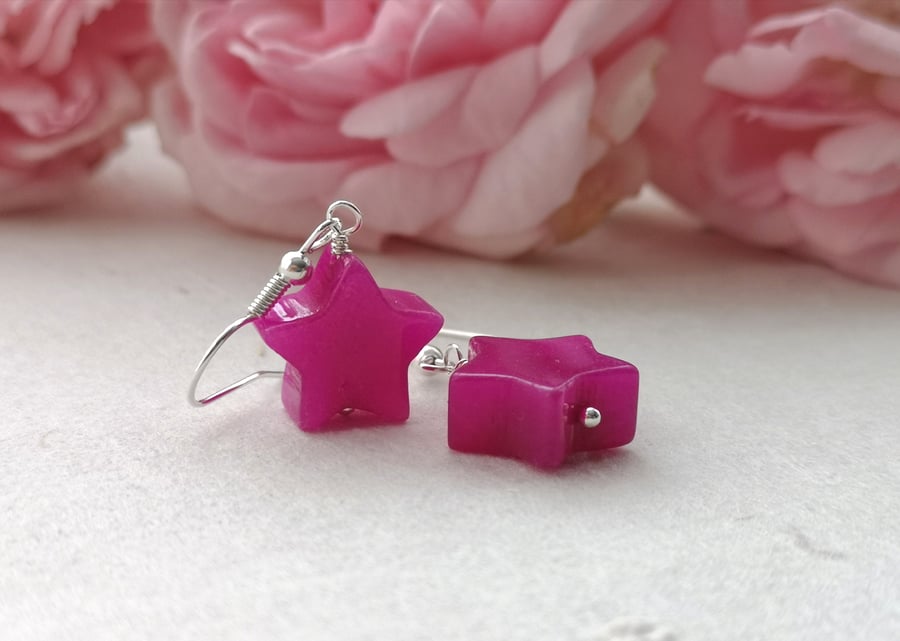 Hot pink jade star, silver plated earrings