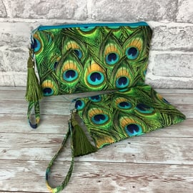 Peacock feathers zip clutch bag, Detachable wrist strap, 2 size option, Handmade