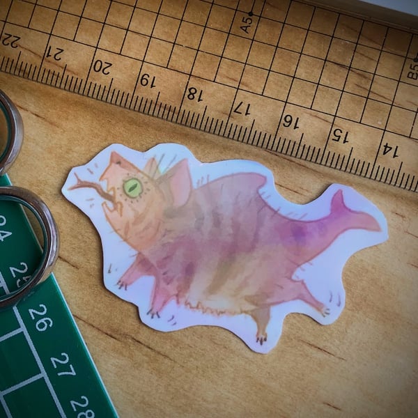 Seconds Helpings the Shark Cat (rainbow holographic hand cut sticker)