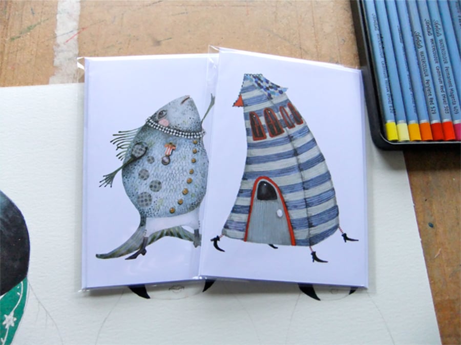 Greeting Cards Singing Fish and Stripy House Cards 4x6