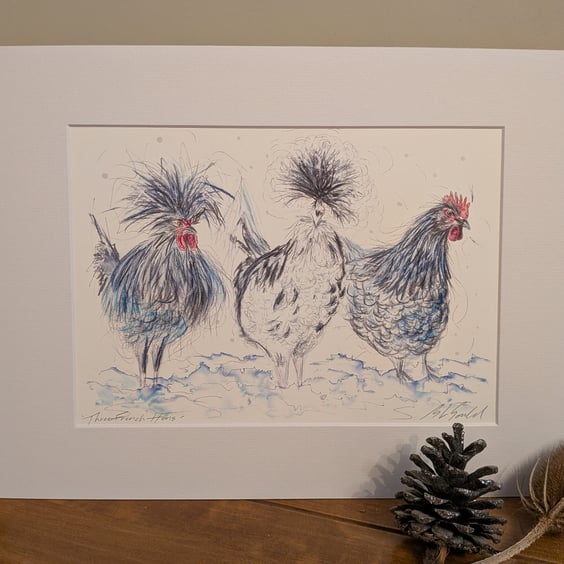 Three French Hens, an A4 print of an original painting.