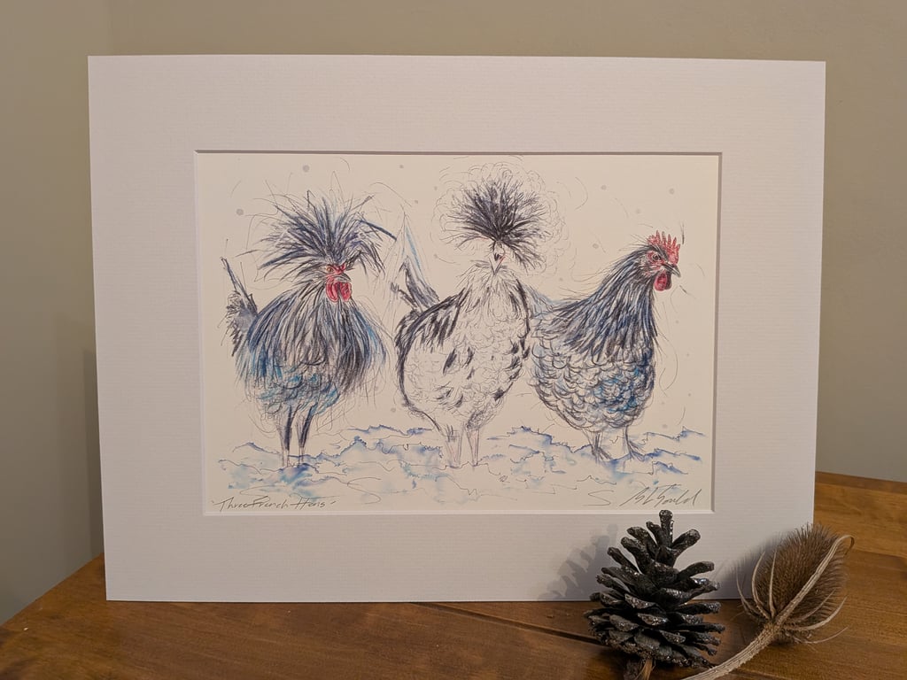 Three French Hens, an A4 print of an original painting.
