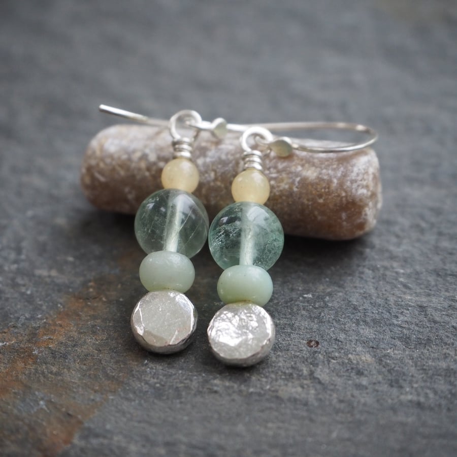 Earrings,Silver Dangle Earrings, Fluorite and Jade Bead Earrings, Silver Pebble