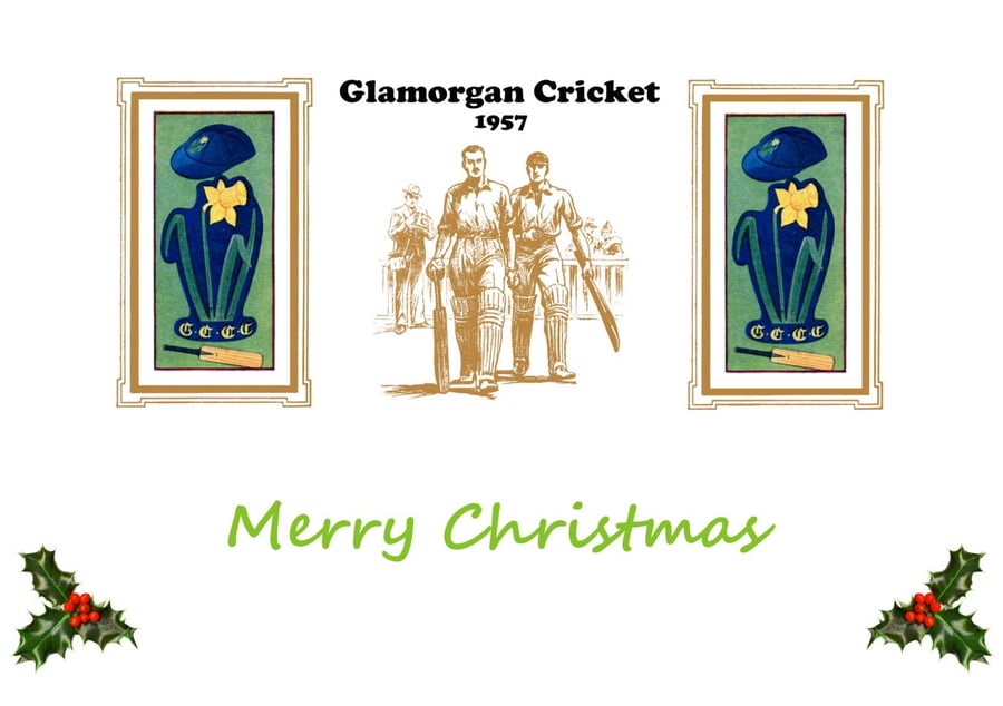 Christmas card cricket vintage 1957 Glamorgan badge design. FREE UK P&P