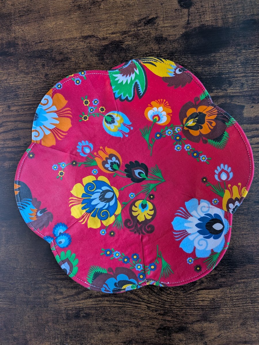 Large Handmade Floral Textile Bowl – Red Folk Water-Resistant Fabric Dish –