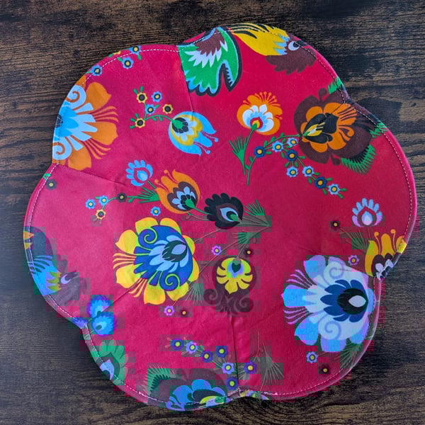 Large Handmade Floral Textile Bowl – Red Folk Water-Resistant Fabric Dish –