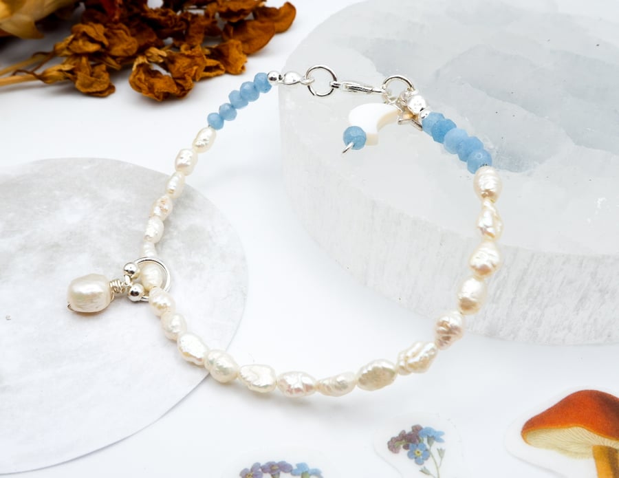 Sterling Silver Freshwater Baroque Rice Pearl & Blue Czech Bridal Bracelet 