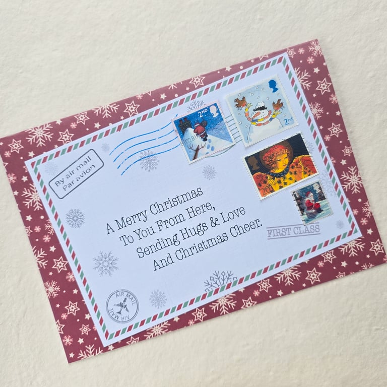 Across the Miles Christmas Card, Airmail Envelope & Used Vintage Stamps 