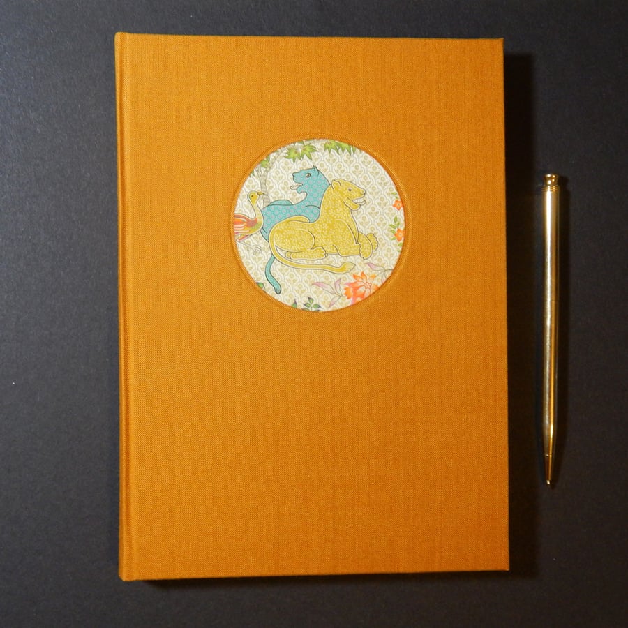 Persian Tigers Journal with saffron cloth covers. Hand made book. 