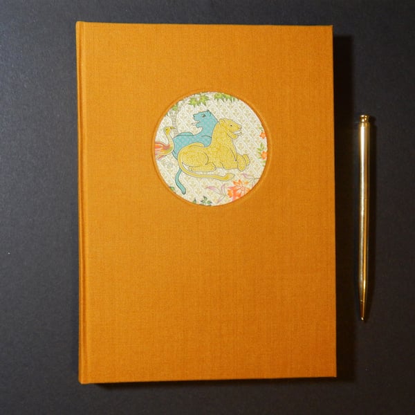 Persian Tigers Journal with saffron cloth covers. Hand made book. 