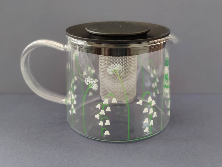 Hand-painted Lily of the Valley Glass Teapot