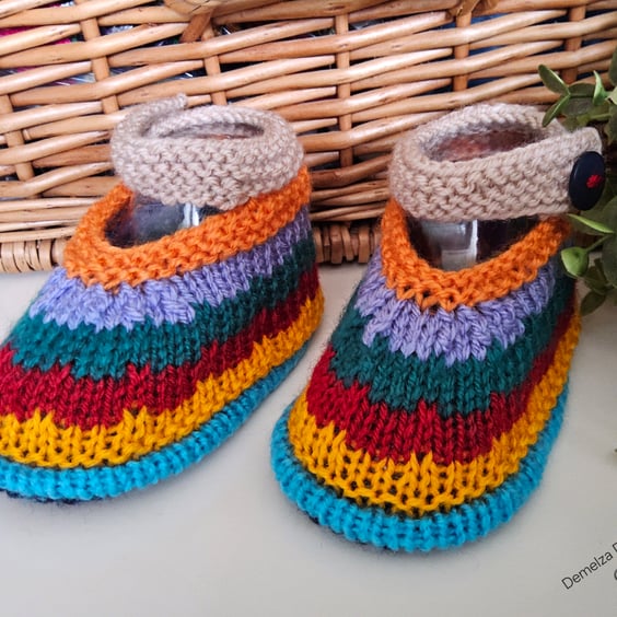 Designer Baby Striped Multicoloured Hand Knitted Shoes  3-6 months size