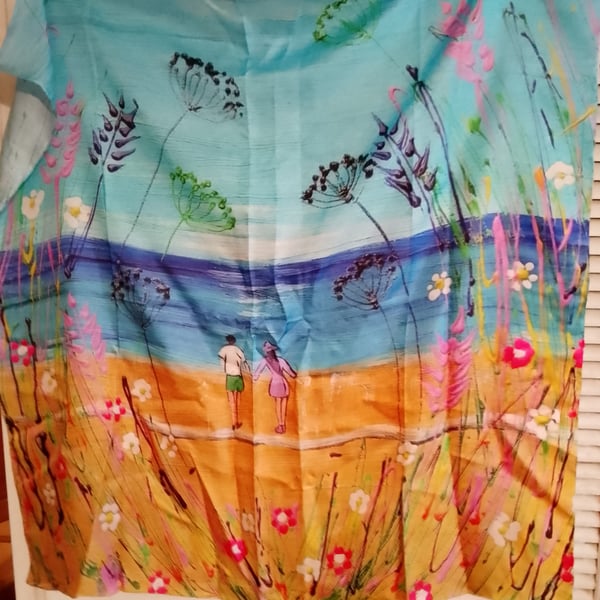 Quirky Romantic Seascape Silk scarf 90cm x 90 cm