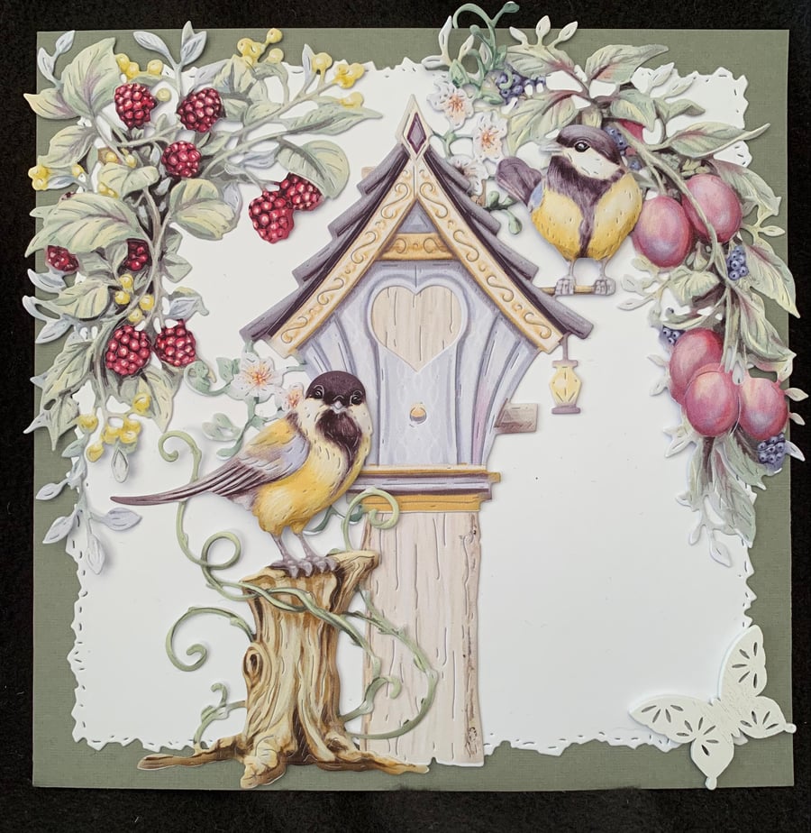 Hand Crafted 7”x7” Card with Birdhouse and Birds