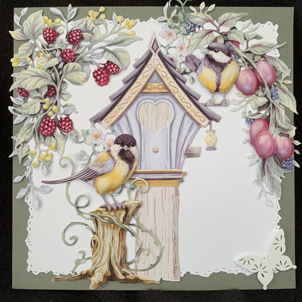 Hand Crafted 7”x7” Card with Birdhouse and Birds