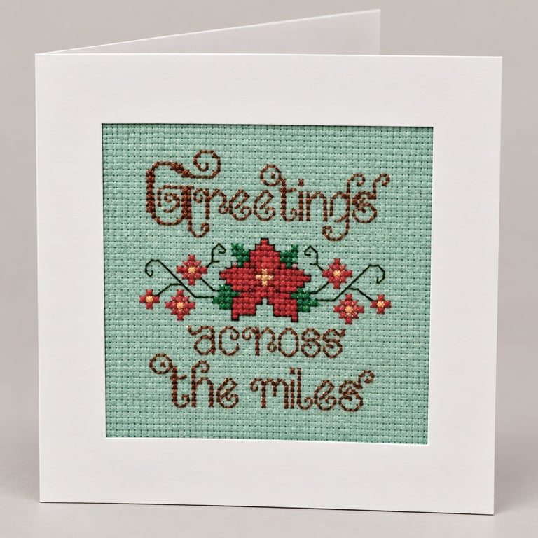Handmade Cross Stitch Greetings Across the Miles Christmas Card – 6 x 6 Inch