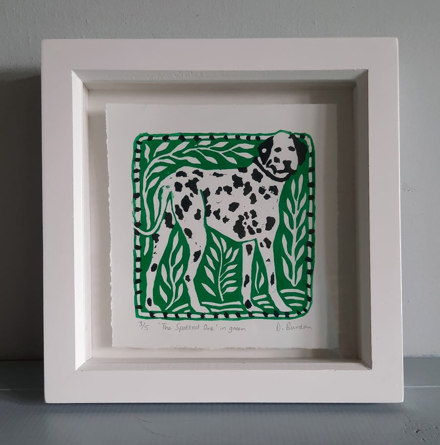 Box framed limited edition lino cut of dalmatian dog 