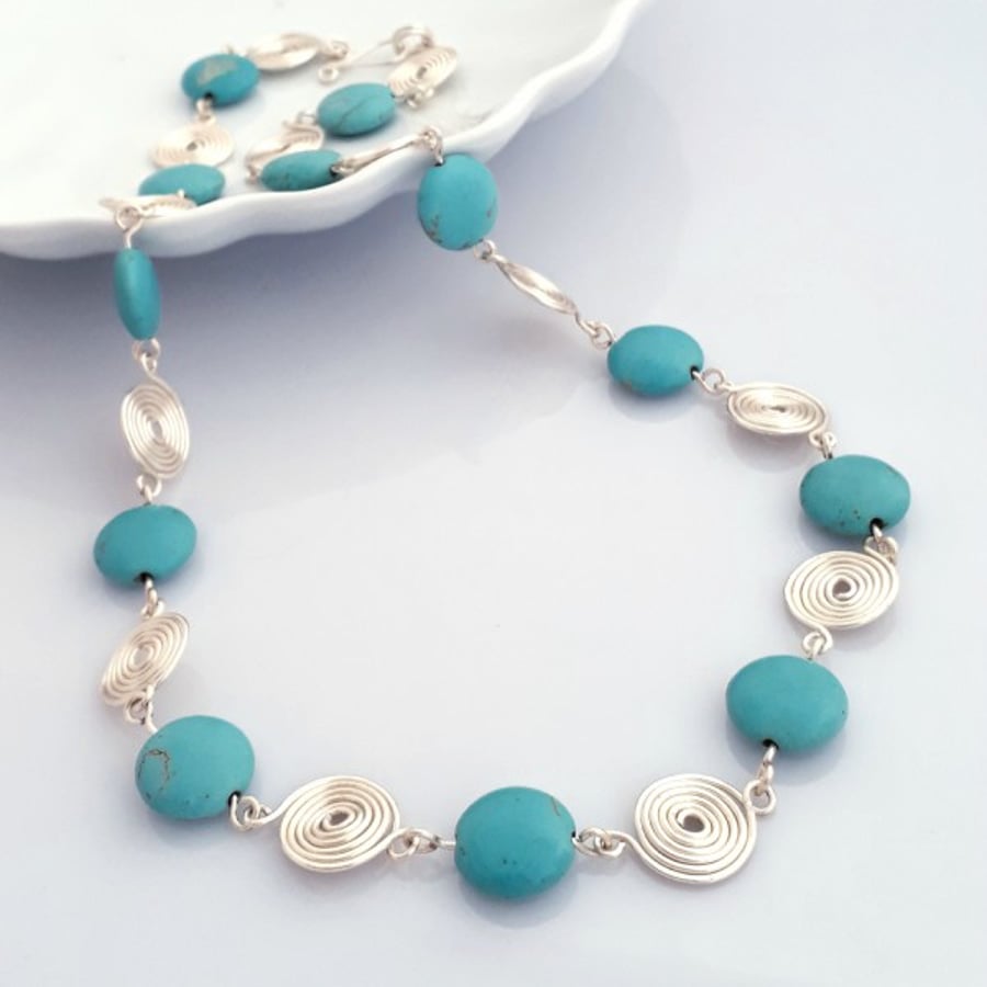 Turquoise and Silver Spiral Necklace jewellery for women Christmas gift ideas