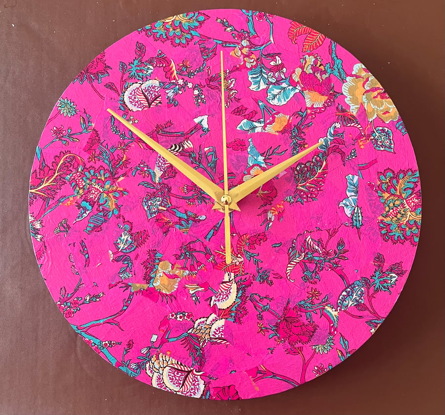 Decoupage Clock - dark pink floral pattern