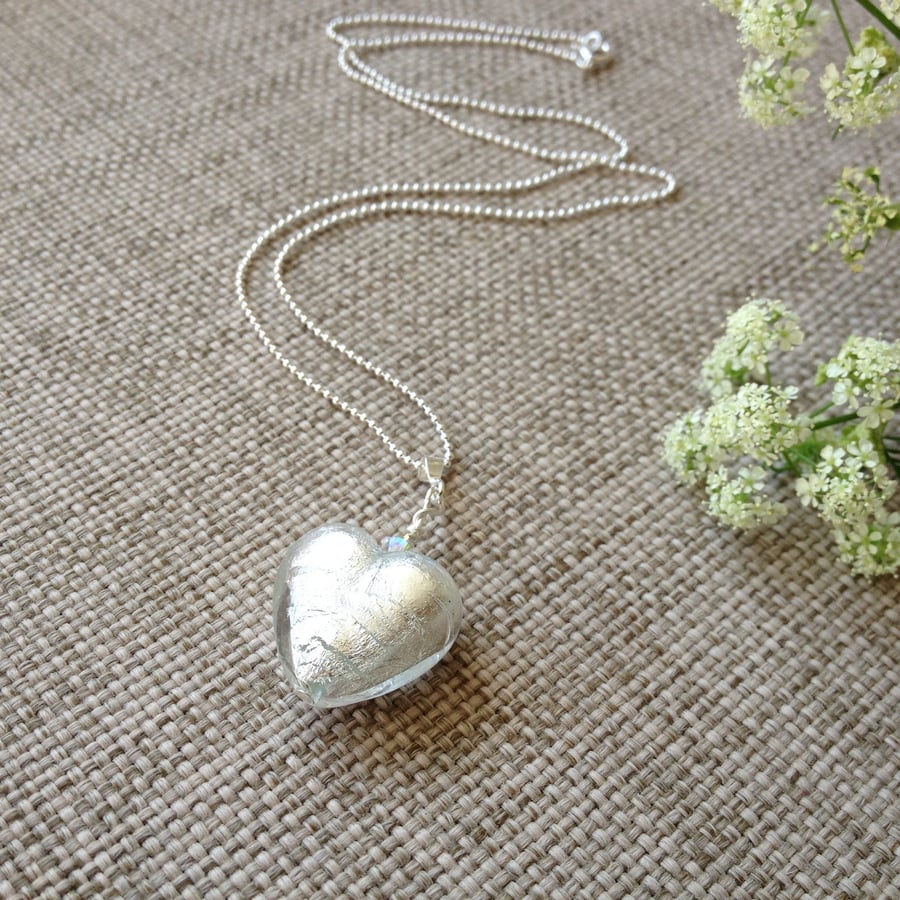 Murano Glass Heart Pendant Necklace, silver-white, sterling silver