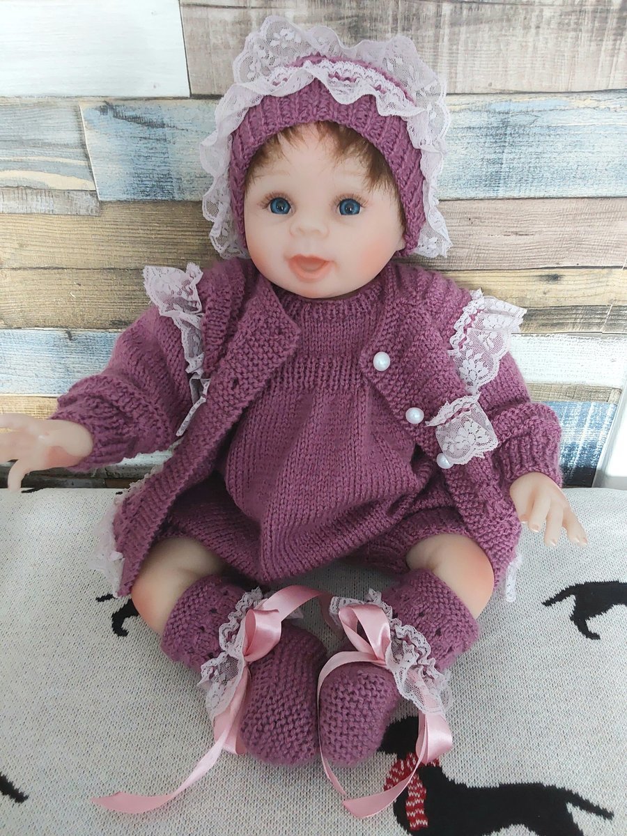 Hand Knitted 0-3 months baby romper booties hat cardigan (also fits 22” doll)