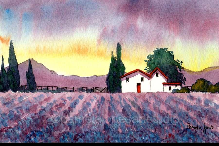 Lavender Field, Provence, S of France, Original Watercolour in 14 x 11'' Mount