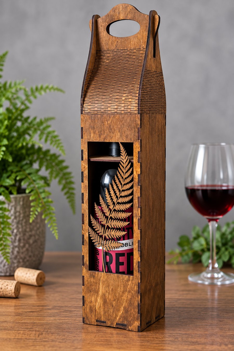 Wooden Wine Bottle Gift Box - Fern Design - Handmade Bottle Carrier